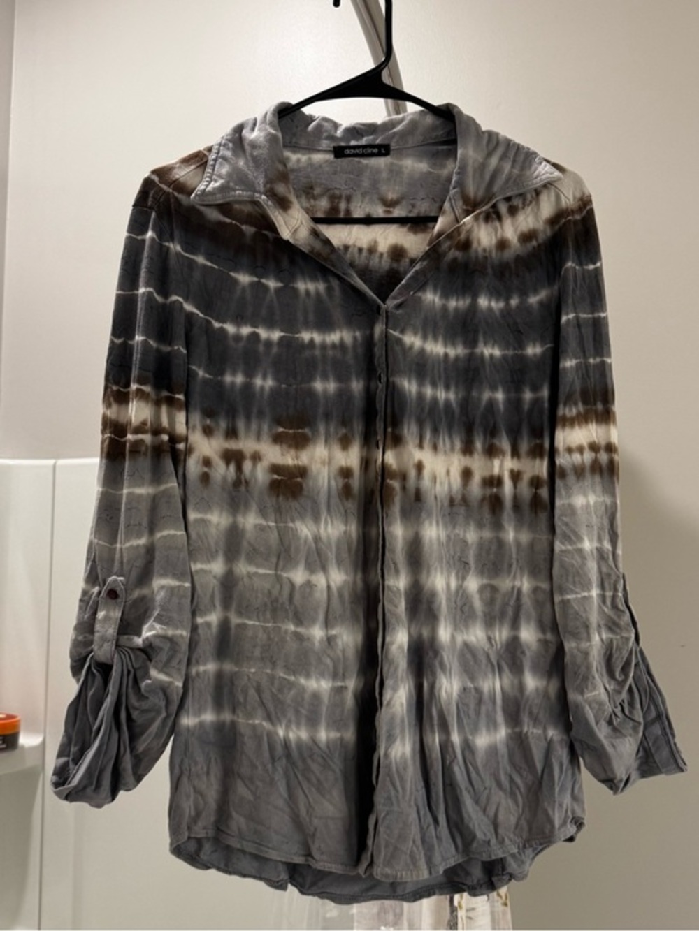 David Cline Crushed Tie Dye Roll Tab Button Down Shirt Top Gray Size L